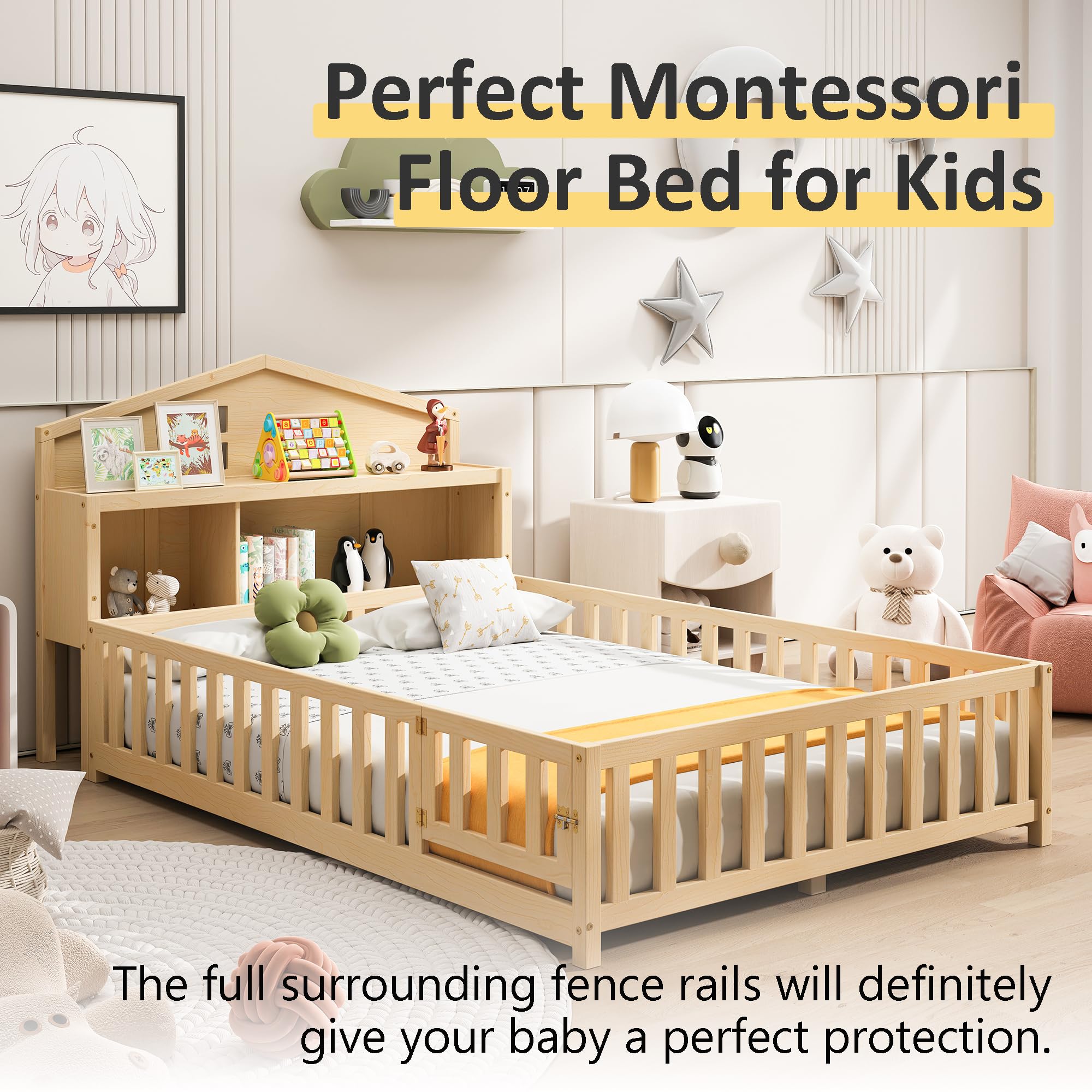 Mirightone Full House Bed with Storage Headboards and Blackboards,Versatile Full Size Platform Beds with Guard Rails,Solid Wood Floor Bed Frame for Kids,Natural