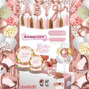 lfstgn 277 pcs baby shower decorations for girl, rose gold baby shower decor supplies - "baby girl" banner, tassel, balloon, tableware with rose gold floral for 25 guests