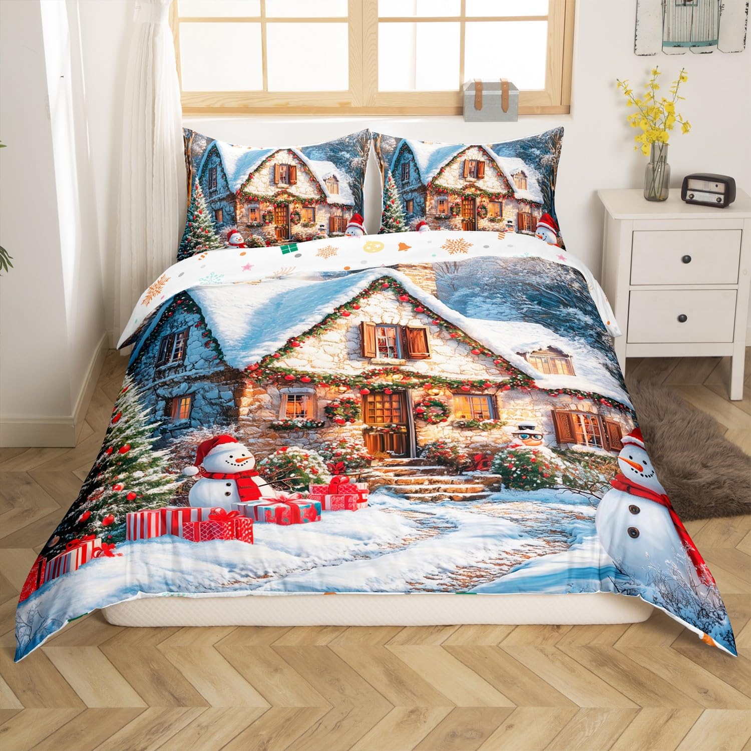 Manfei Christmas Duvet Cover Set Queen Size, Winter Snow Scenery Bedding Set for Kids Boys Girls Room Decor, Western New Year Comforter Cover, Soft Polyester Quilt Cover, 2 Pillowcases, No Comforter