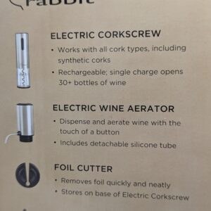 Rabbit Electric Wine Tool Set - 5-Piece Wine Accessory Collection - Aerator, Corkscrew, Cutter, Stoppers, Charging Cables