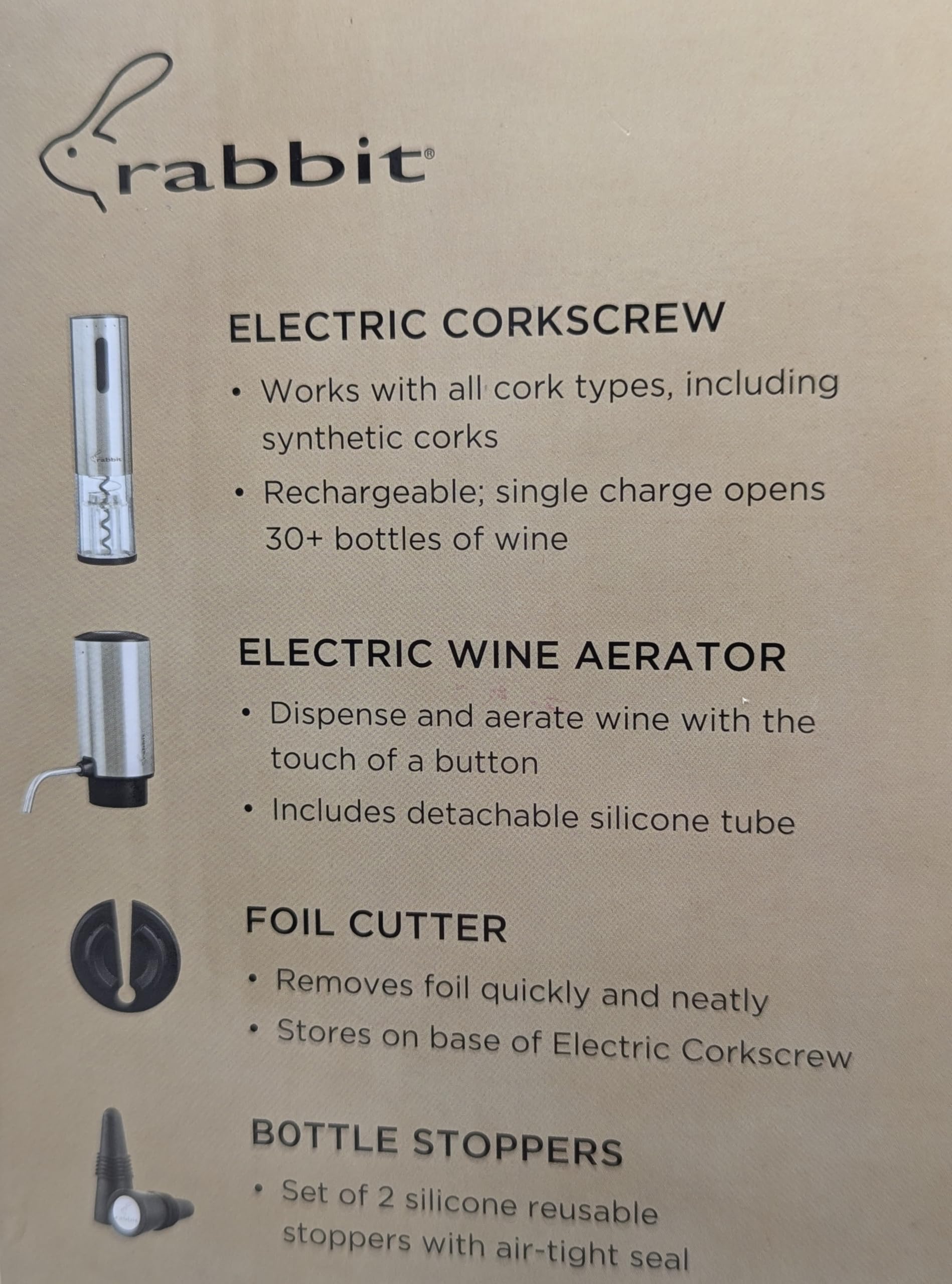 Rabbit Electric Wine Tool Set - 5-Piece Wine Accessory Collection - Aerator, Corkscrew, Cutter, Stoppers, Charging Cables