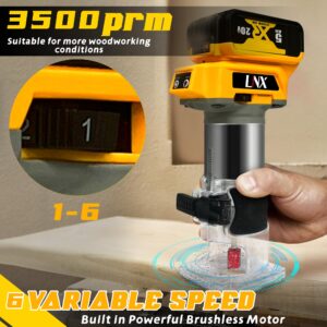 800W Cordless Wood Router Compatible With Dewalt 20V Battery,byczone 30000RPM Brushless Motor Router Attach 12PCS 1/4" Router Bits,6 Speeds Hand Trim Router,(NO Battery)