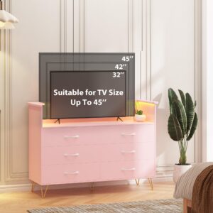 Patikuin Dresser for Bedroom with LED Light & Charging Station, 6 Drawers Wooden Dressers with Open Space, Modern Chest of Double Wide Drawers for Living Room, Entryway, Hallway TV Stand, Pink