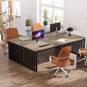 Tribesigns 78.74" Extra Long Computer Desk 2 Person Desk, Double Long Desk with Heavy Duty Metal Frame, Double Workstation Study Desk for Home Office, Brown (Without Chair) (Gray & Black)