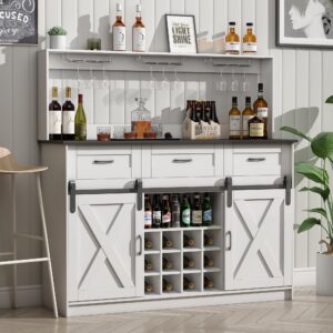 pipleo 52" farmhouse coffee bar cabinet with storage, wine bar cabinet with 9 glass holders and 12 grid wine racks, wood buffet cabinet with sliding barn doors for kitchen dinning room, antique white