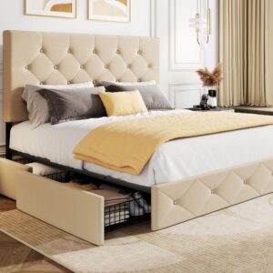 sha cerlin upholstered full size platform storage bed frame with 4 drawers, adjustable headboard with diamond button tufted design, wooden slat support, no box spring needed, beige