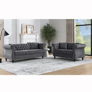 atumon 2 piece chesterfield velvet 80“ 3-seater and 59" loveseat sofa set,tufted couch with 4 pillows,rolled arms and nailhead for living room, bedroom, office grey