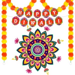 movinpe diwali decorations set for home, rangoli stickers for floor entrance wall porch marigold garland happy diwali banner indian diwali diyas rangoli decoration