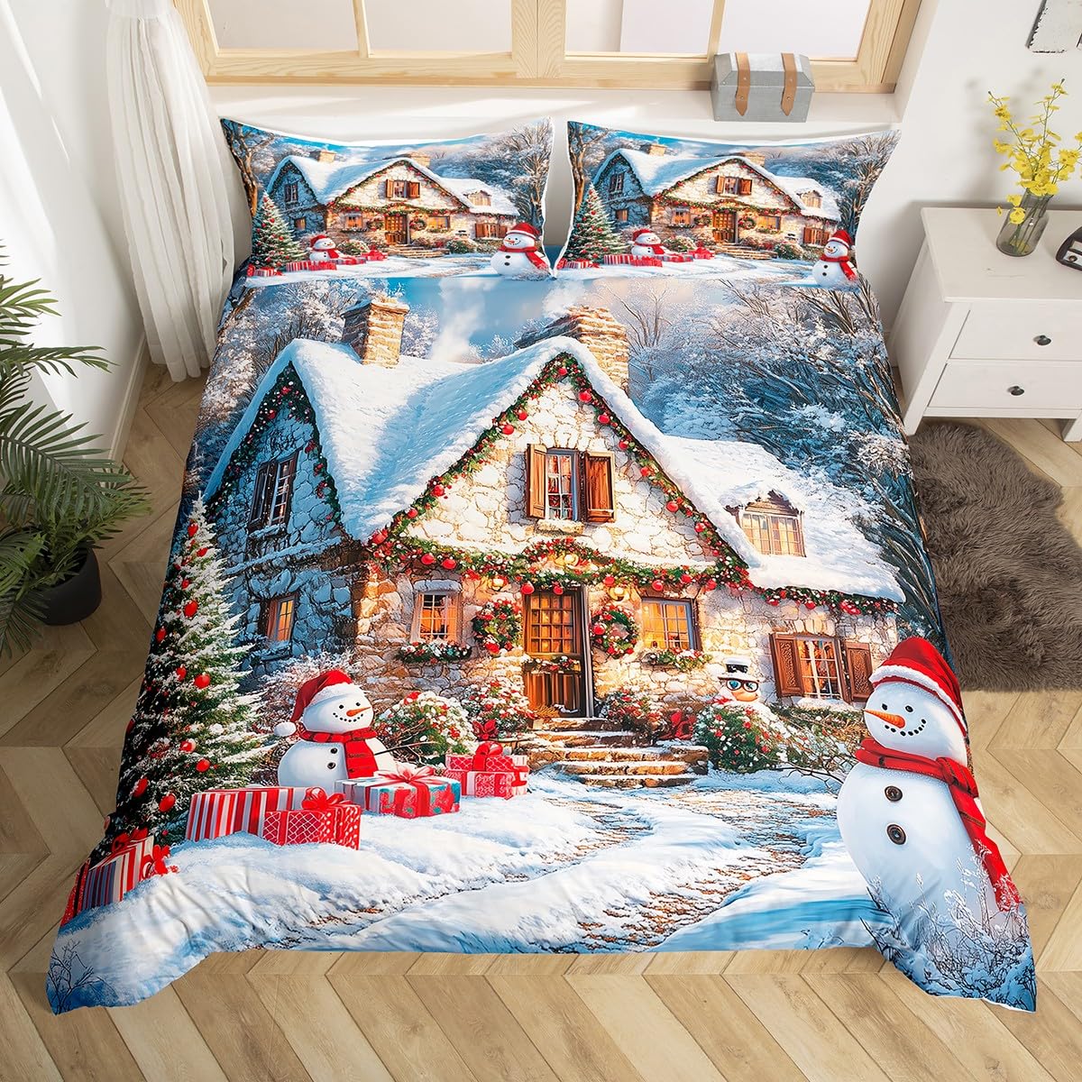 Manfei Christmas Duvet Cover Set Queen Size, Winter Snow Scenery Bedding Set for Kids Boys Girls Room Decor, Western New Year Comforter Cover, Soft Polyester Quilt Cover, 2 Pillowcases, No Comforter