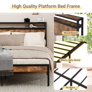 Zevemomo King Size Bed Frame with Headboard, Headboard with Charging Station, 2 USB Port & 2 AC Power Outlet, Modern King Metal Platfrom Bed Frame No Box Spring Needed, Sturdy & Assembly, Brown