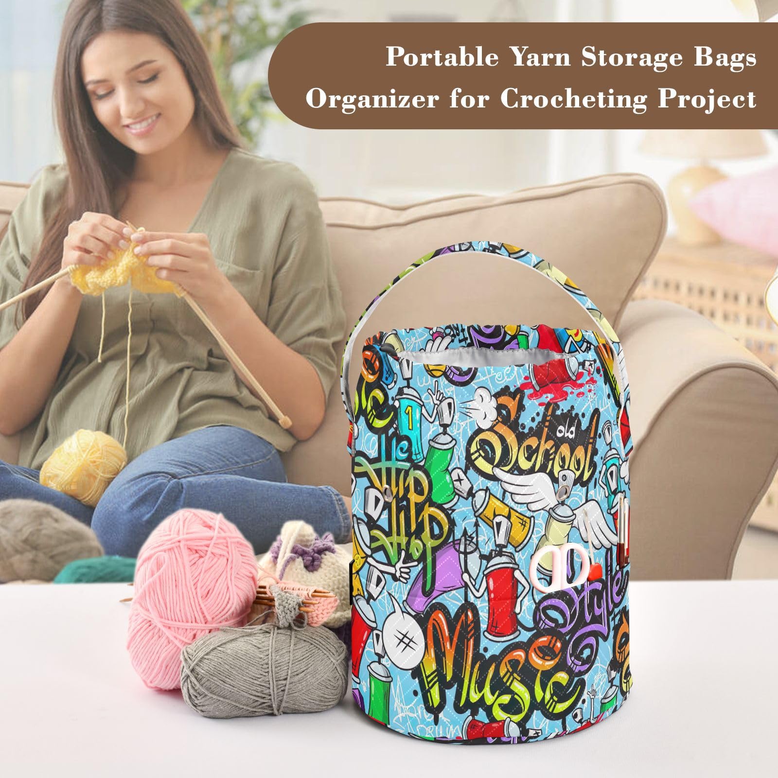 Graffiti Vibes Blue Yarn Storage Organizer,Knitted Yarn Bag,Home Storage,Gifts for Crocheters,Portable Storage Bag