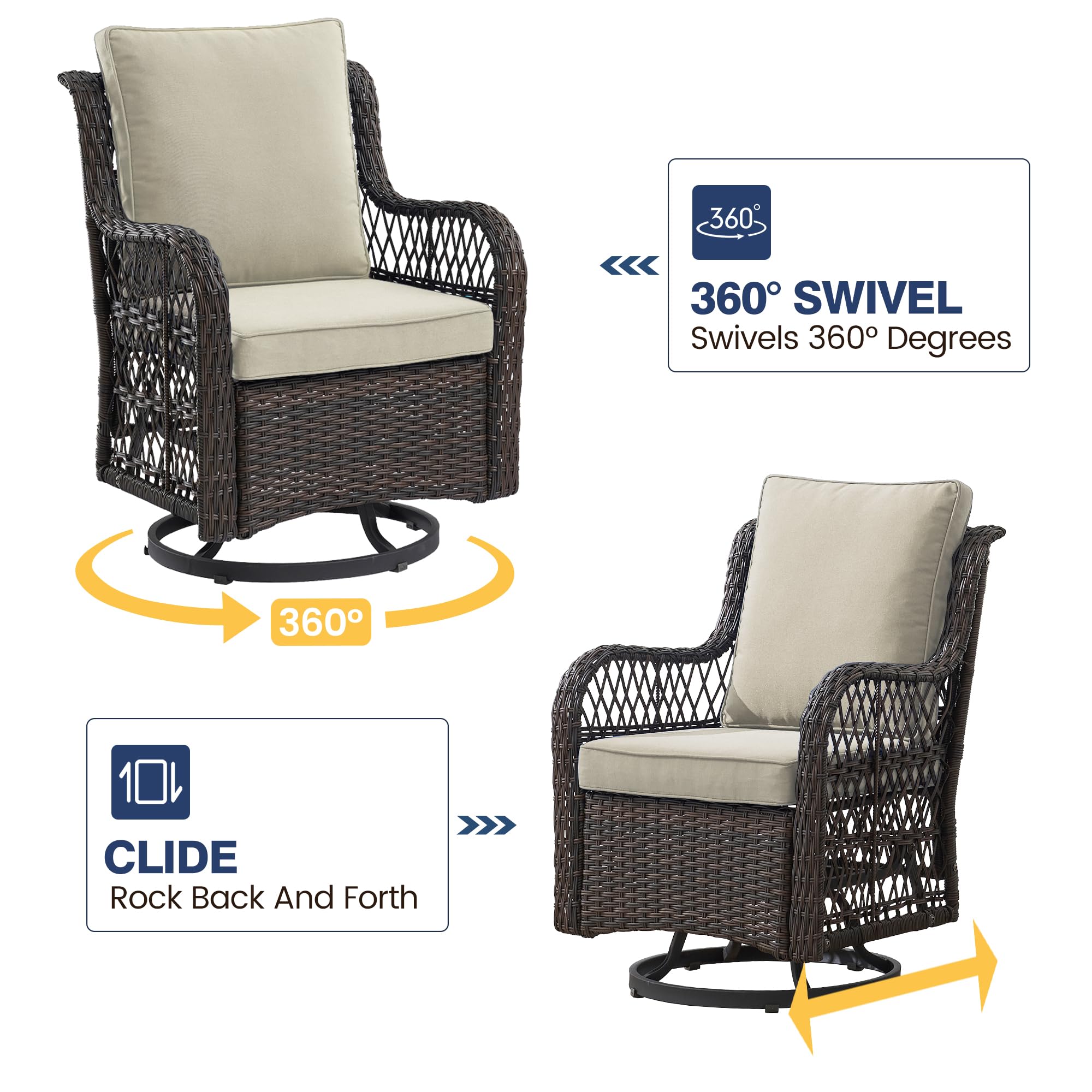 coucheta 3 Pieces Outdoor Wicker Swivel Chair Set, Swivel Rocking Chairs Set of 2 with Rattan Side Table, 360-Degree Swivel Rocking Chair for Patio Porch Pool