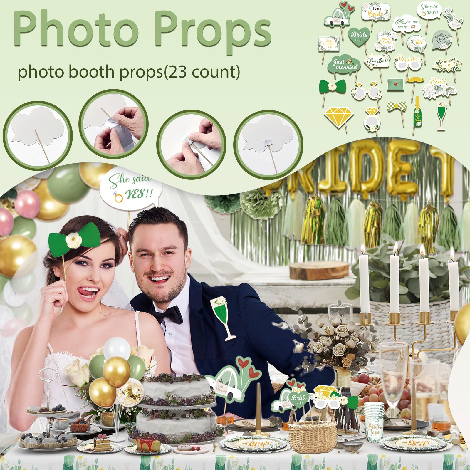 LFSTGN 310 Pcs Sage Green Bridal Shower Decorations, Bachelorette Party Decorations Favors - "BRIDE TO BE" Banner, Veil, Balloon, Photo Props, Tableware with Eucalyptus Leaf for 25 Guests