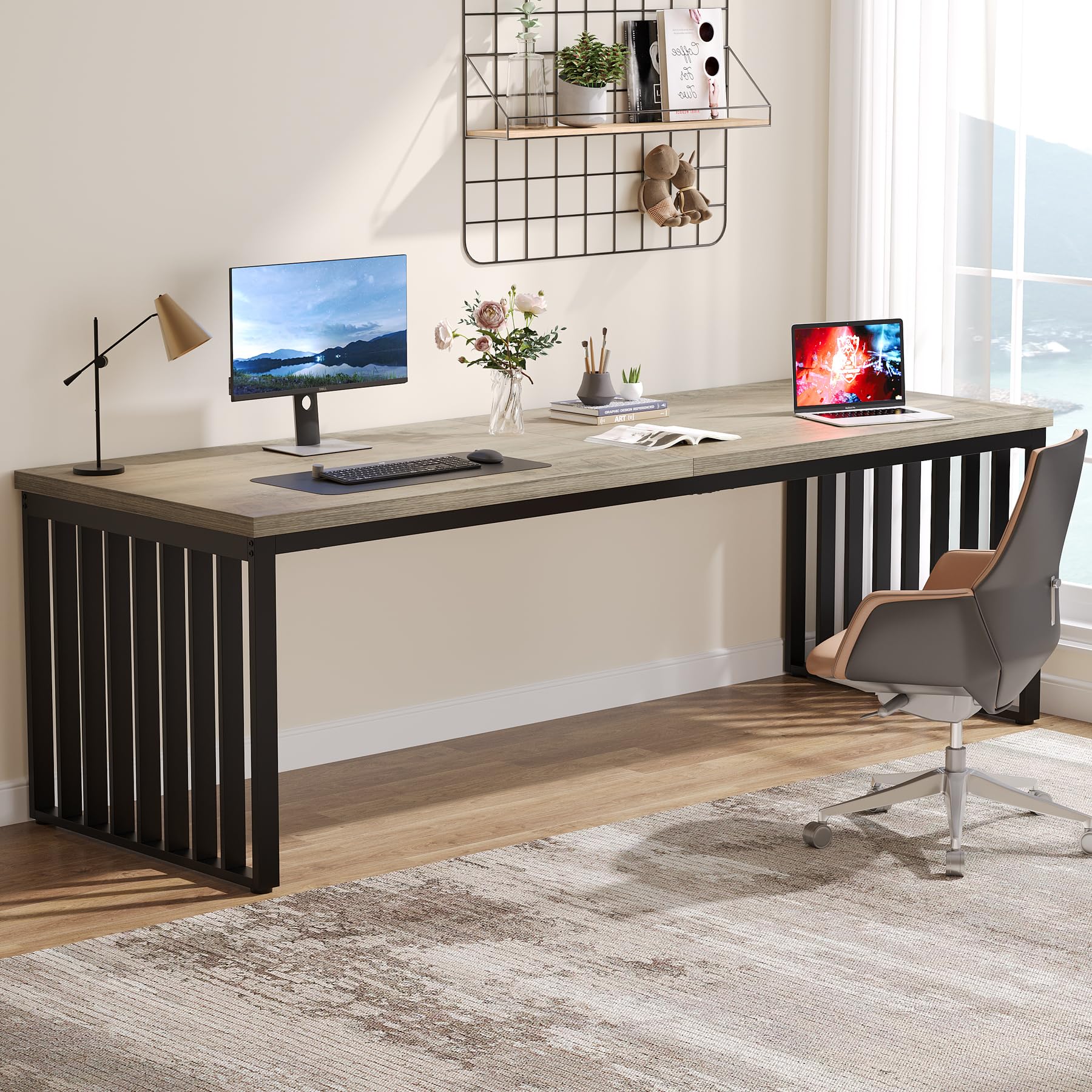 Tribesigns 78.74" Extra Long Computer Desk 2 Person Desk, Double Long Desk with Heavy Duty Metal Frame, Double Workstation Study Desk for Home Office, Brown (Without Chair) (Gray & Black)