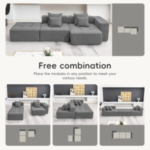 Merax 105.5'' L-Shaped Modular Sectional Sofa for 4, Minimalist Convertible Corduroy Floor Couch Set with 4 Pillows for Living Room, 3 PC Free Combination, No Assembly Required, Gray