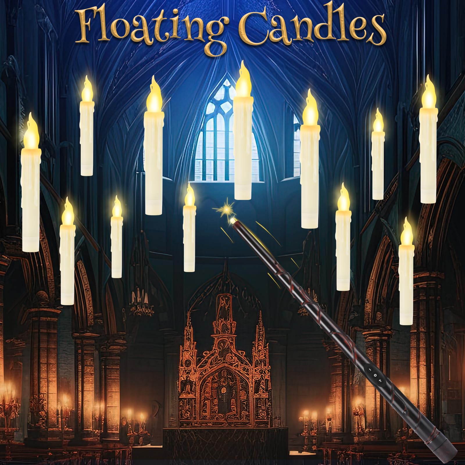 Halloween Decorations, Floating Candles with Wand, 12 PCS Magic Candles with Hole for Hanging, Flickering Flameless LED Candles, Witch Wizard Halloween Christmas Decor for Home Room Church Party