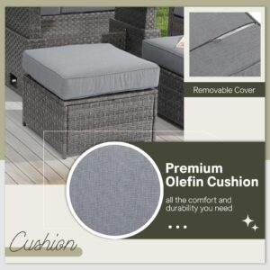 SUNSITT Outdoor Patio Ottoman Set of 2, All Weather Rattan Outdoor Ottoman Set, Grey Wicker Footstool Ottoman Footrest Seat w/Olefin Grey Cushions for Balcony, Porch and Deck