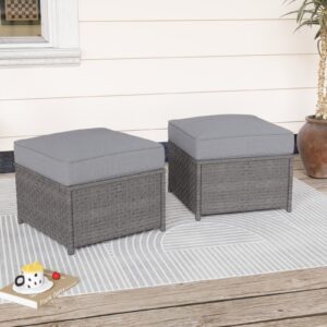 sunsitt outdoor patio ottoman set of 2, all weather rattan outdoor ottoman set, grey wicker footstool ottoman footrest seat w/olefin grey cushions for balcony, porch and deck