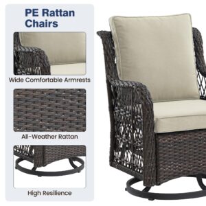 coucheta 3 Pieces Outdoor Wicker Swivel Chair Set, Swivel Rocking Chairs Set of 2 with Rattan Side Table, 360-Degree Swivel Rocking Chair for Patio Porch Pool