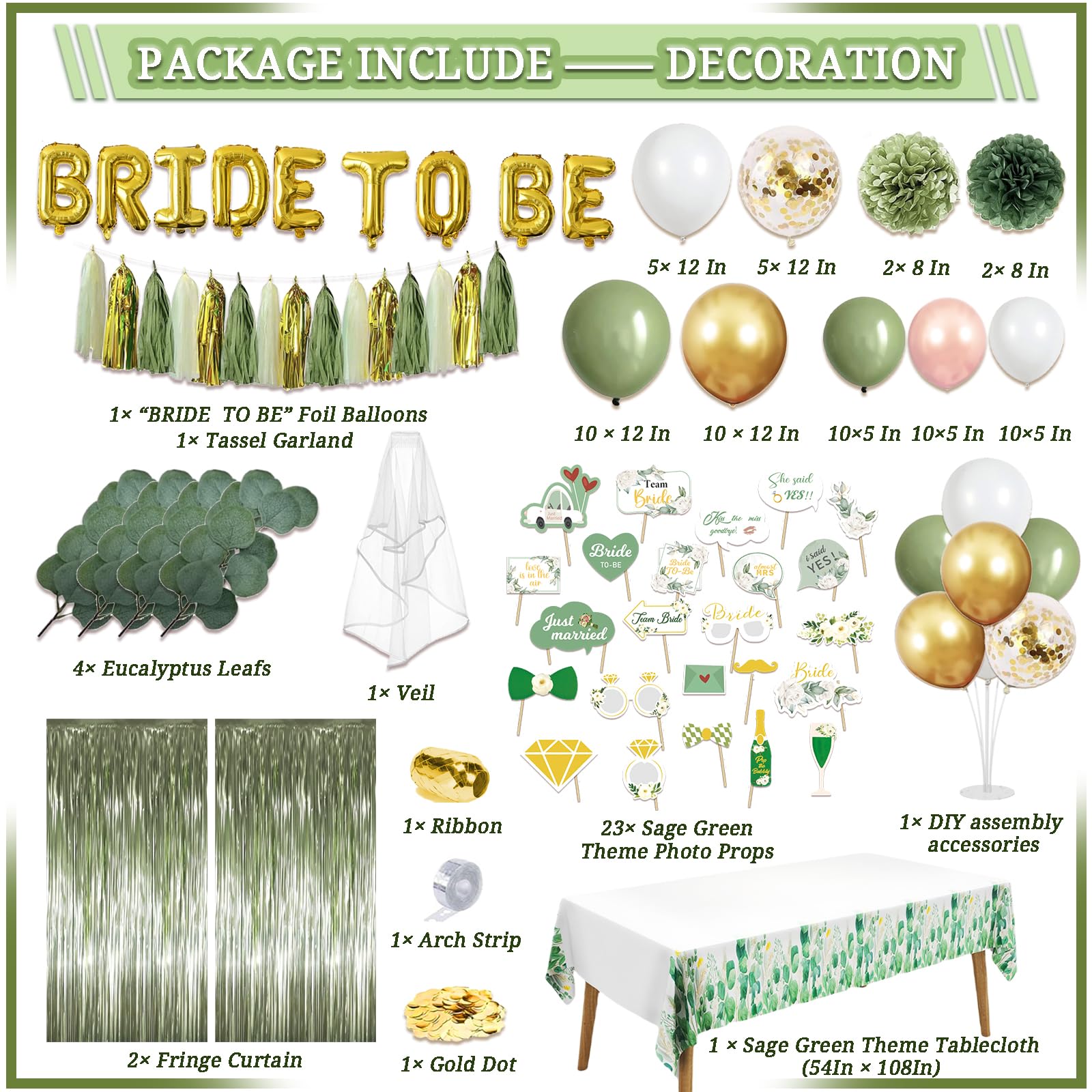 LFSTGN 310 Pcs Sage Green Bridal Shower Decorations, Bachelorette Party Decorations Favors - "BRIDE TO BE" Banner, Veil, Balloon, Photo Props, Tableware with Eucalyptus Leaf for 25 Guests