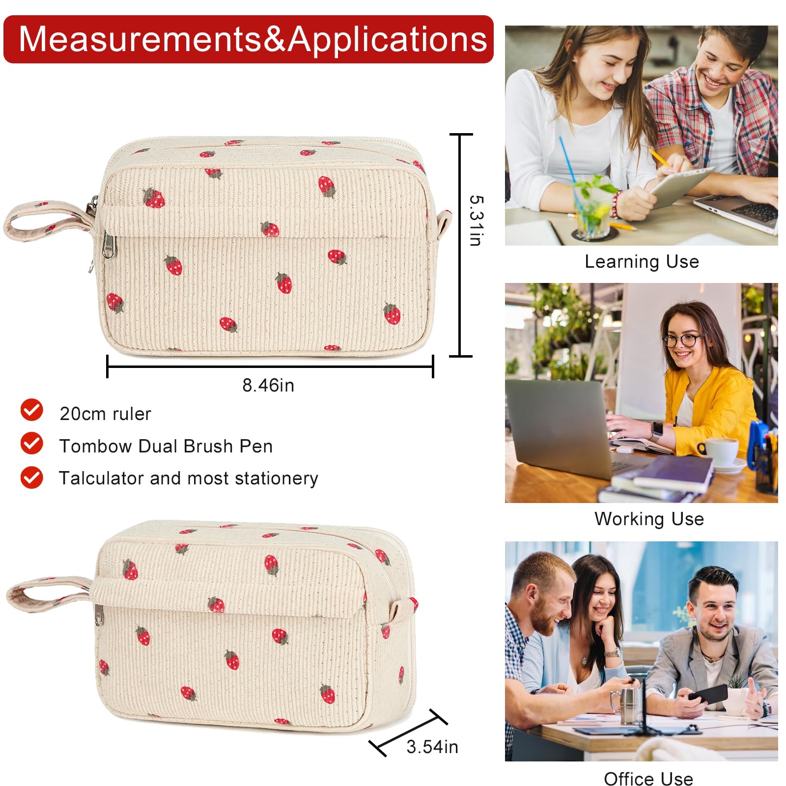 Bluboon Big Capacity Pencil Case Pencil Pouch School Supplies Cute Pencil Box Pencil Bag for Teen Girls Boys Women Man (Strawberry Beige)