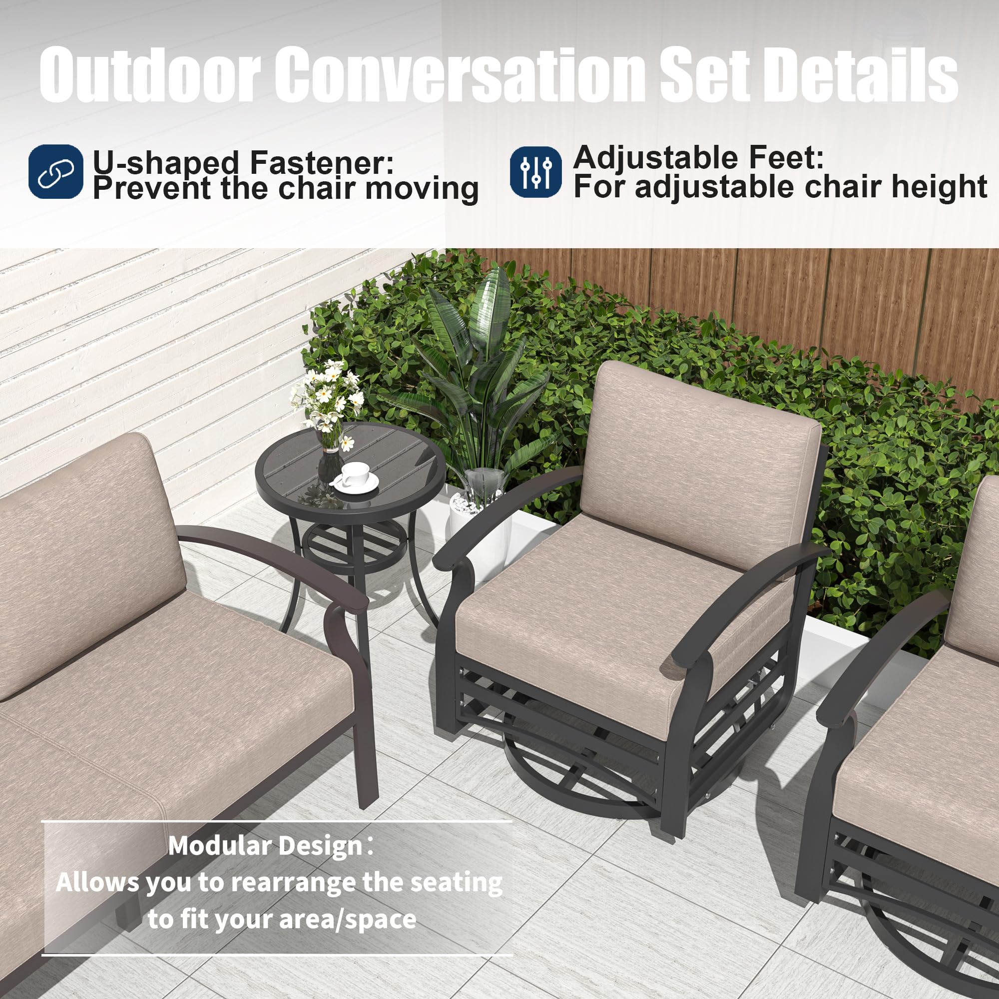 Rwnnad Patio Furniture Set 3-Piece Aluminum Sectional Sofa with armrest, Modern Outdoor Conversation Set 5 Seats, Outdoor Chairs with Thick Cushion, Sand