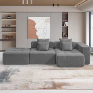 merax 105.5'' l-shaped modular sectional sofa for 4, minimalist convertible corduroy floor couch set with 4 pillows for living room, 3 pc free combination, no assembly required, gray