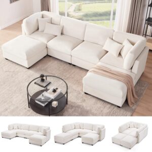 howjoe 140 inch oversized corduroy modular sectional sofa, u shaped modular couch with storage, 6 seat convertible corduroy couch, comfy sectional couches for living room with memory foam, beige