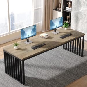 Tribesigns 78.74" Extra Long Computer Desk 2 Person Desk, Double Long Desk with Heavy Duty Metal Frame, Double Workstation Study Desk for Home Office, Brown (Without Chair) (Gray & Black)