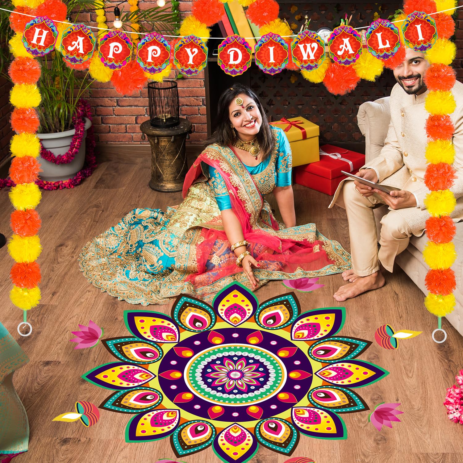 MOVINPE Diwali Decorations Set for Home, Rangoli Stickers For Floor Entrance Wall Porch Marigold Garland Happy Diwali Banner Indian Diwali Diyas Rangoli Decoration