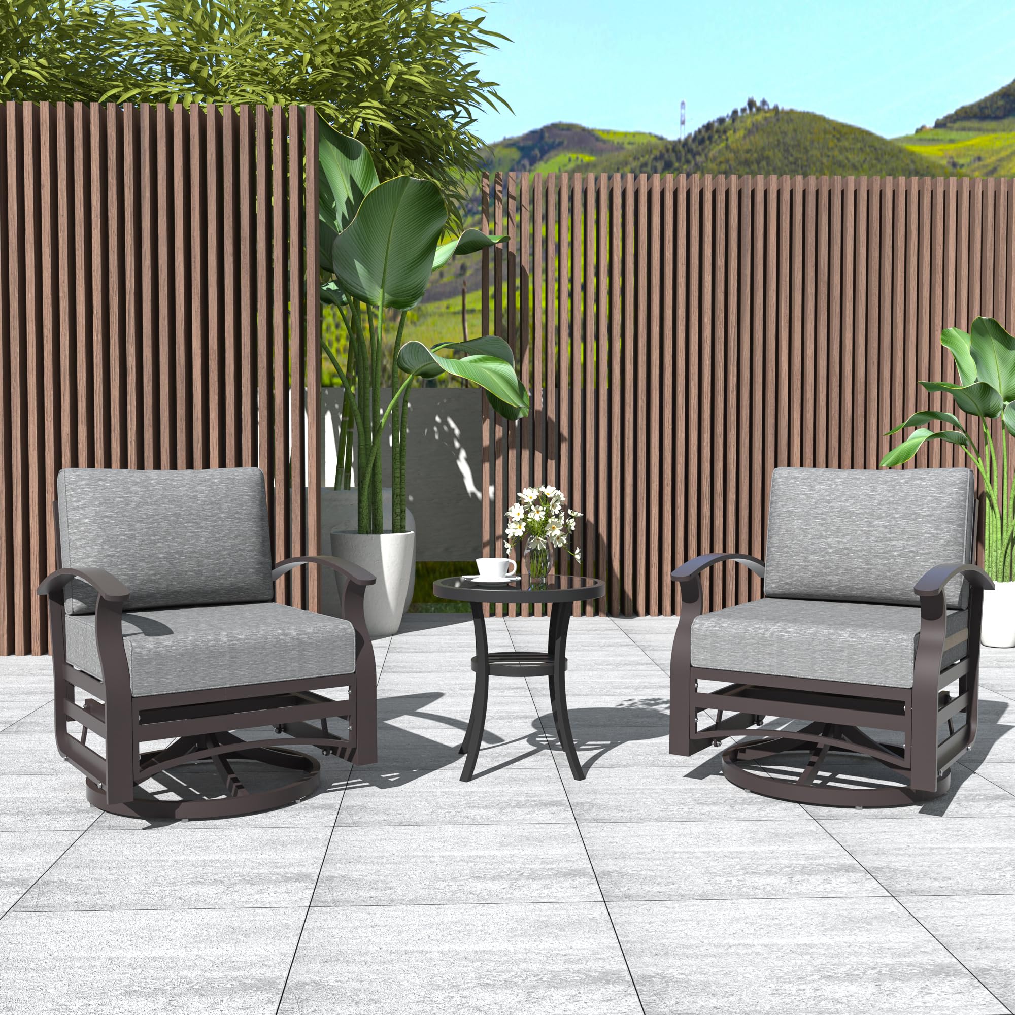 Rwnnad 3PCS Aluminum Rocking Chair Swivel Chairs, Patio Furniture Rocking Bistro Sets Modern Outdoor Conversation Set with Coffee Table for Porch Deck Garden Backyard, Grey