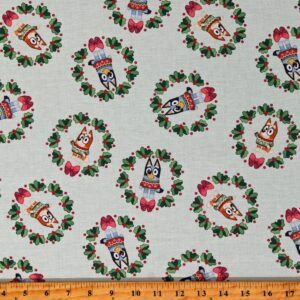 cotton bluey wreaths christmas kids children's mint green cotton fabric print by the yard (81085-921078)