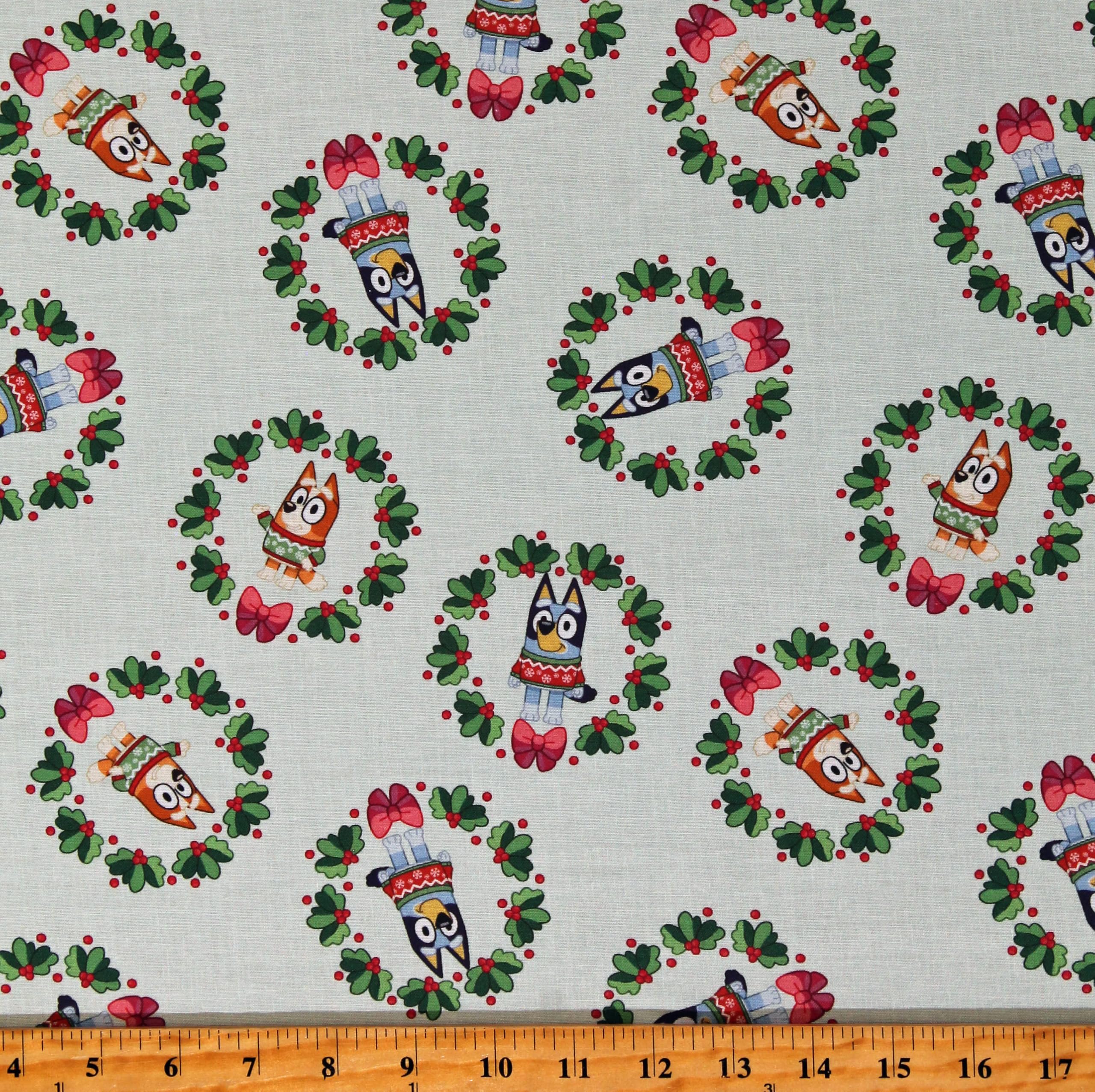 Cotton Bluey Wreaths Christmas Kids Children's Mint Green Cotton Fabric Print by The Yard (81085-921078)