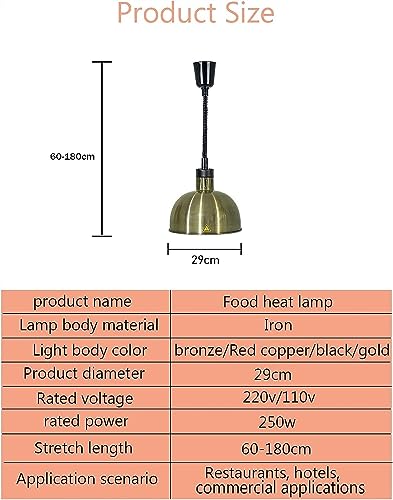 LINKANRUO Commercial Food Heat Lamp Warmer, 250w Buffet Catering Heating Light, Restaurant Chandelier Equipment for Keep The Food Fresh and Delicious, Adjustable Length 60-180cm, Ideal for Steak Pizza