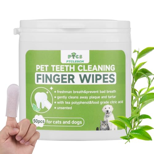 PTCLESCM Pet Teeth Cleaning Finger Wipes for Dogs & Cats,Pet Dental Finger Wipes for Cats,Cat &Dog Toothbrush,Dental Wipes for Cats&Dogs,Cat Finger Tooth Brush,50 Count