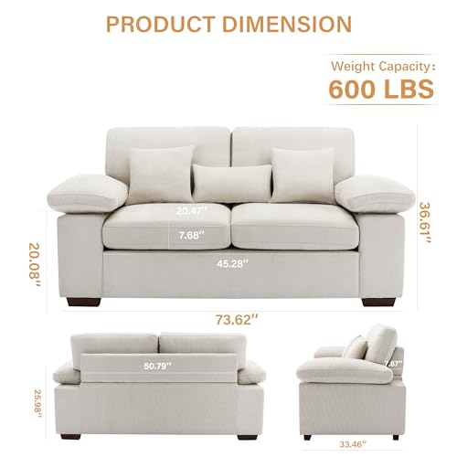 COLAMY Loveseat Sofa,73" Love Seat Couches Living Room Sofa with 3 Pillows,Upholstered Modern Comfy Chenille Seat Cushions Bedroom Couch,Beige