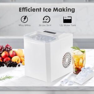 Ice Maker, Portable Countertop Icemaker Machine, Self Cleaning Quiet 2 Sizes Bullet Cubes Makers, 9 Cubes in 6 Mins, 26lbs/24Hrs with Ice Scoop, Basket for Home Kitchen Party