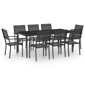 vidaxl outdoor garden dining set, 9-piece patio furniture steel frame with glass tabletop and textilene upholstered chairs – black and anthracite color, assembly required