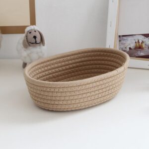 Woven Storage Basket Natural Cotton Rope Woven Baskets for Organizing Tiny Oval Storage Easter Baskets Oval Decorative Hampers Linen Closet Dividers Low Profile Storage Containers (Khaki, L)