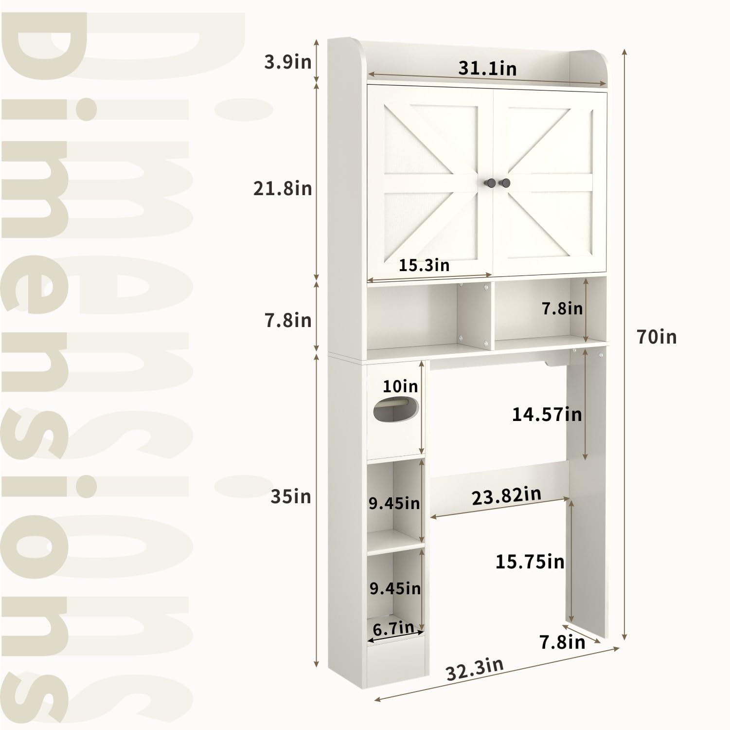 MUUEGM 32.3''W Over The Toilet Storage Cabinet with Barn Doors, Over Toilet Organizers and Storage with Toilet Paper Holder, Bathroom and Laundry Storage Cabinet with Adjustable Bottom Bar, White