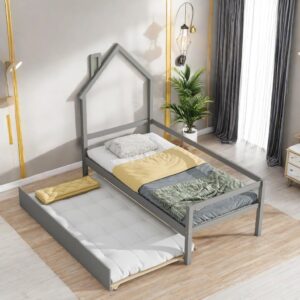 chicfurnit twin size bed frame, wooden day bed with house-shaped headboard, platform bed frame with pull-out trundle & guardrail for kids, floor bed frame for living room, bedroom and guest room, grey