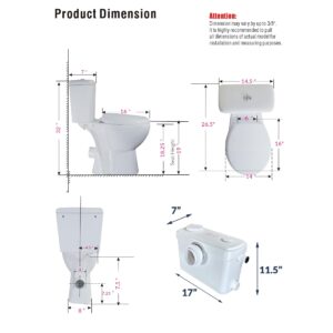 WinZo 750W Macerator Pump Toilet Upflush System for Basement Extra Tall 19" Comfort Bowl With Dual Flush Toilet Tank & Pump for Sink, Toilet, Bathtub, White