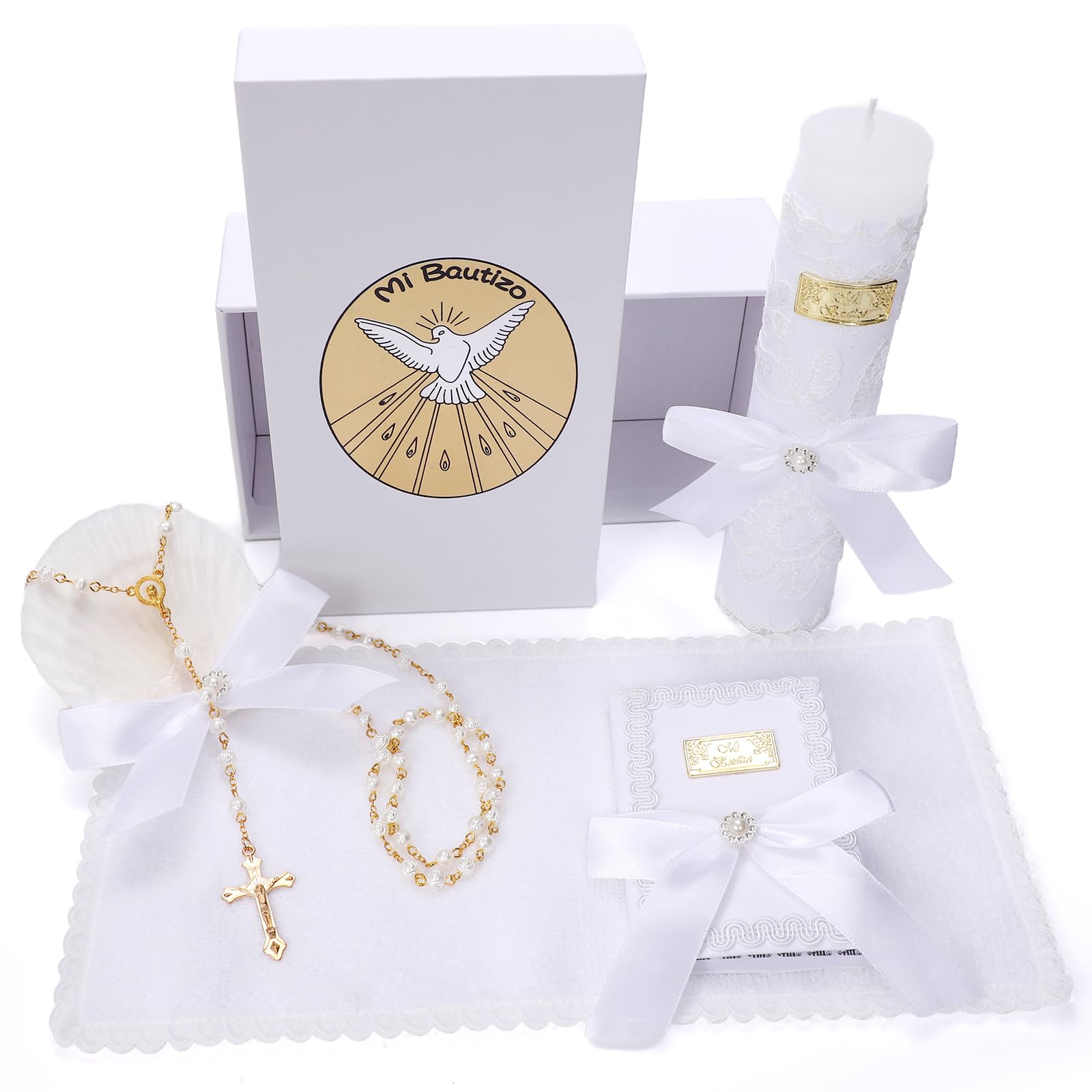 Baptism Candle Set for Boys and Girls,5 PCS Baptism Kit Catholic Candle,Baptism Shell,Towel,Rosary,Bible for Baby Dedication Christening Gift,Velas para Primera Comunión De Niño Bautizo De Niña