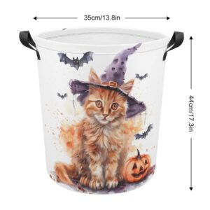 TsyTma Halloween Orange Cat Collapsible Laundry Baskets Laundry Hamper with Handles Scary Bats Pumpkins Round Dirty Clothes Hampers for Laundry Bathroom Bedroom Decor