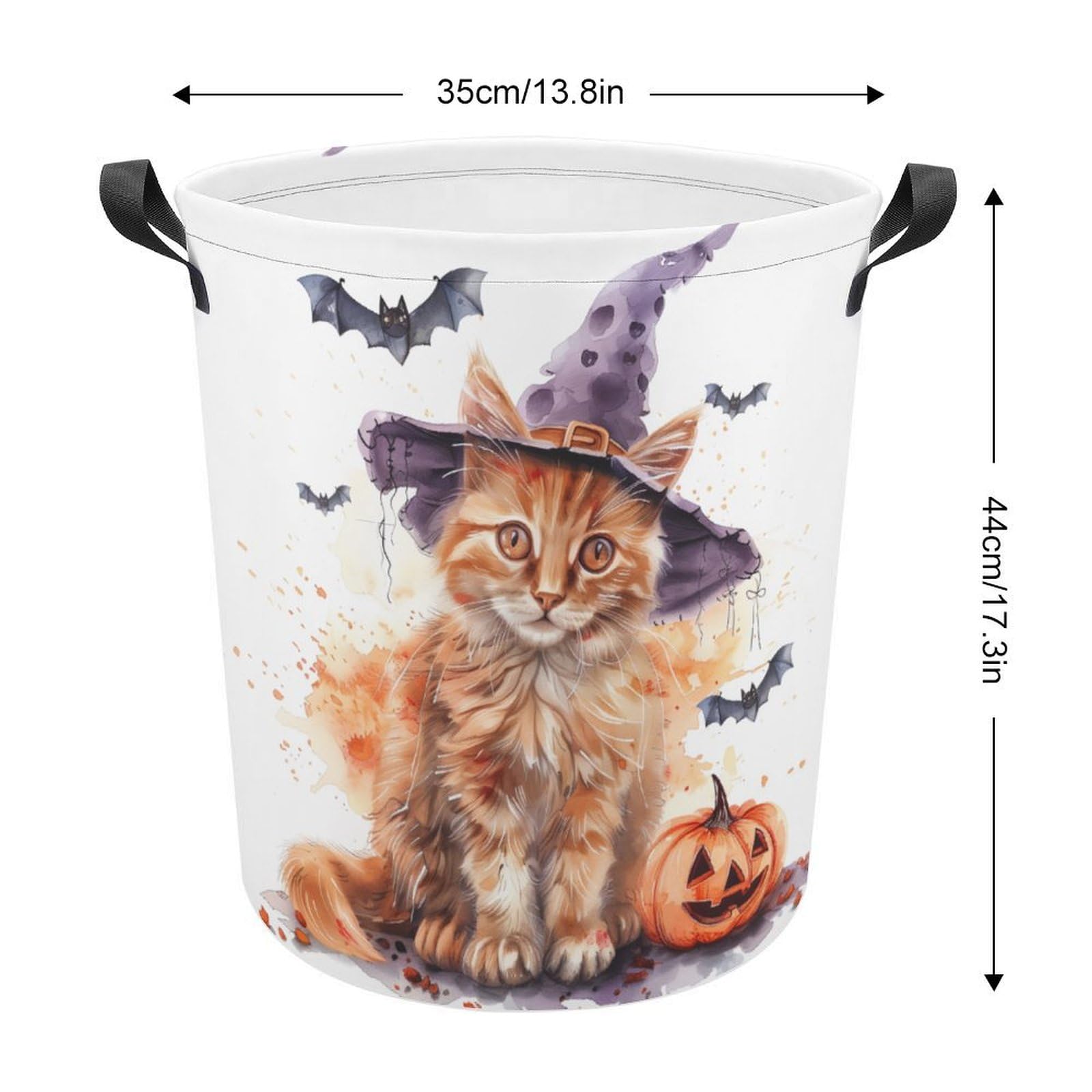 TsyTma Halloween Orange Cat Collapsible Laundry Baskets Laundry Hamper with Handles Scary Bats Pumpkins Round Dirty Clothes Hampers for Laundry Bathroom Bedroom Decor