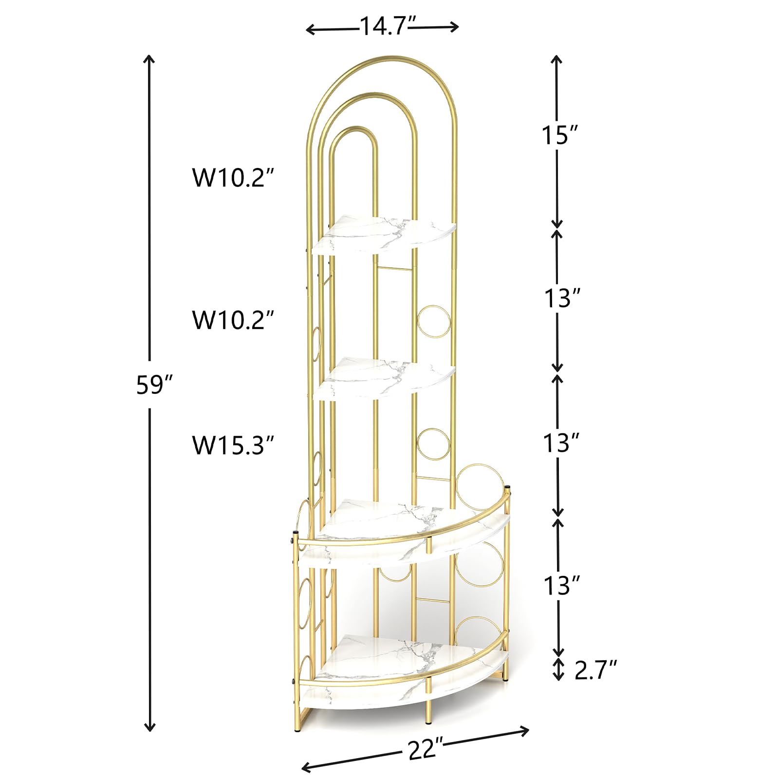 Arched Bookshelf，4 Tier Corner Shelf Stand,Open Bookshelf,Gold Bookcase for Living Room,Home Office, Study, Bedroom,Bathroom Modern Style(White + Gold)