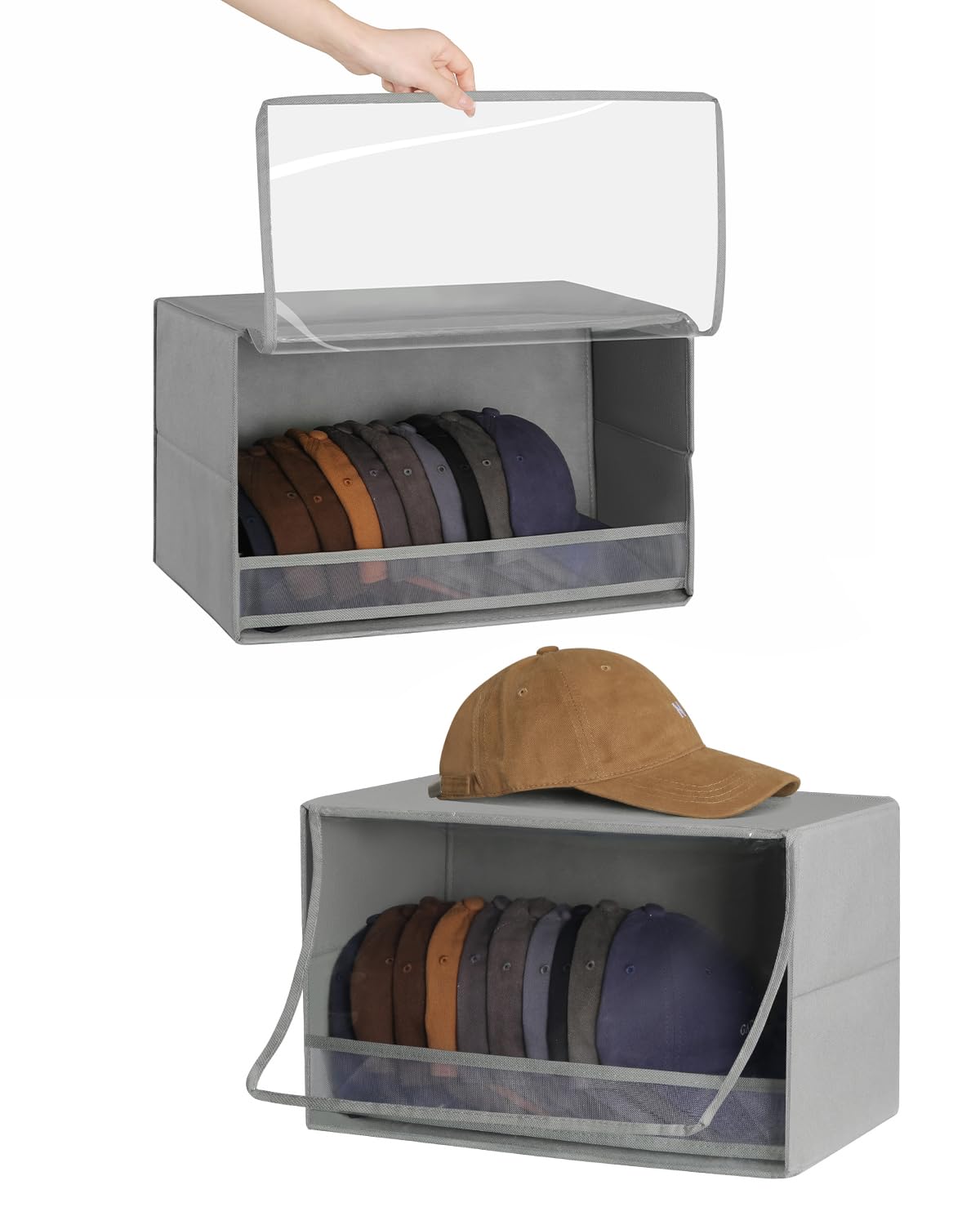 Beveetio 2 Pcs Hat Storage Box With PVC Dustproof Cover, Space Saving Hat Organizer For Baseball Caps, Baseball Cap Organizer For Pack Hats, Stackable Cap Holder Organizer, Hat Organizer For Closet