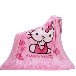 throw blanket 55'' x 40'' cartoon hello cat kawaii blanket for girls kids super soft warm, couch chair, living room, pink (pink-10)