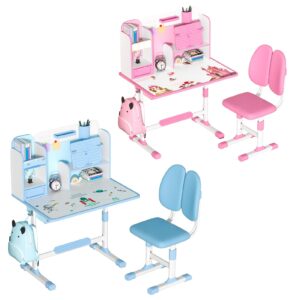 Frogued Children's Adjustable Study Desk and Chair Set, Height Adjustable Kids Study Table Chair Set with Astronaut Pattern, Ergonomic Writing Desk with Storage Drawer and Bookshelf (Upgraded Blue)