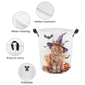 TsyTma Halloween Orange Cat Collapsible Laundry Baskets Laundry Hamper with Handles Scary Bats Pumpkins Round Dirty Clothes Hampers for Laundry Bathroom Bedroom Decor